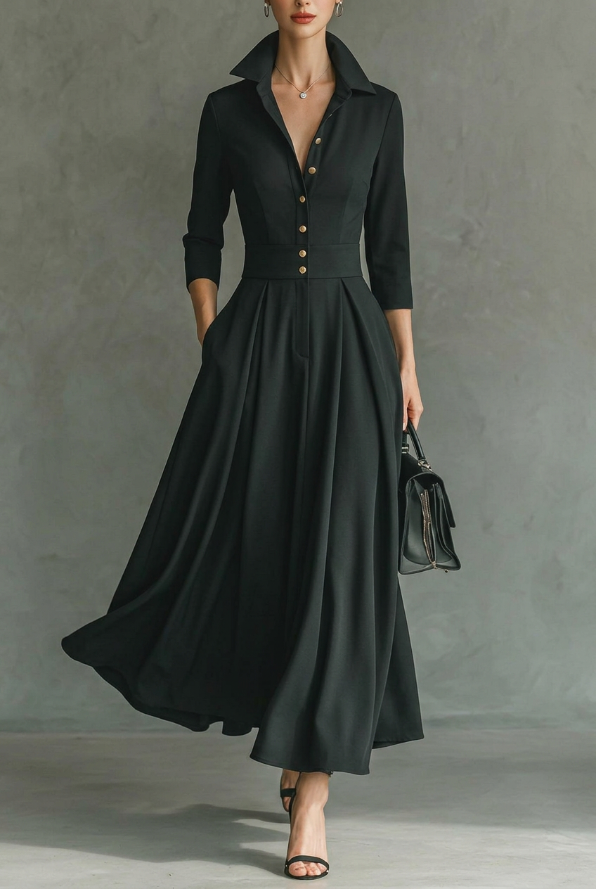 Aveline | Elegant Buttoned Lapel Pleated Maxi Dress
