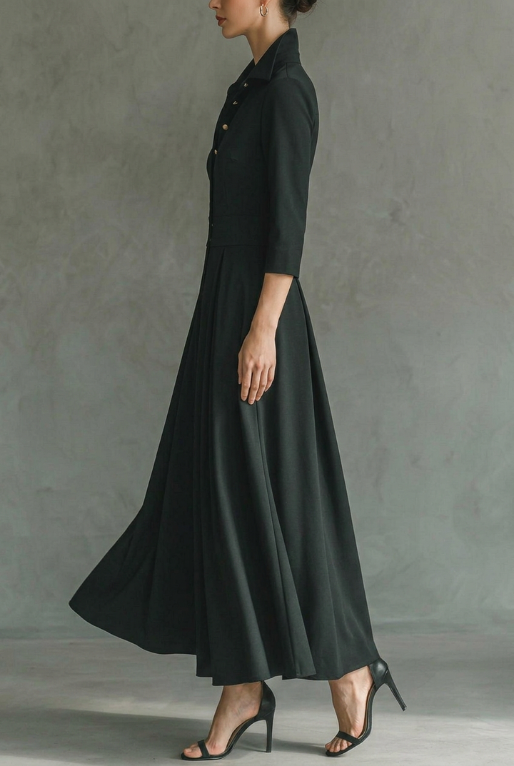Aveline | Elegant Buttoned Lapel Pleated Maxi Dress