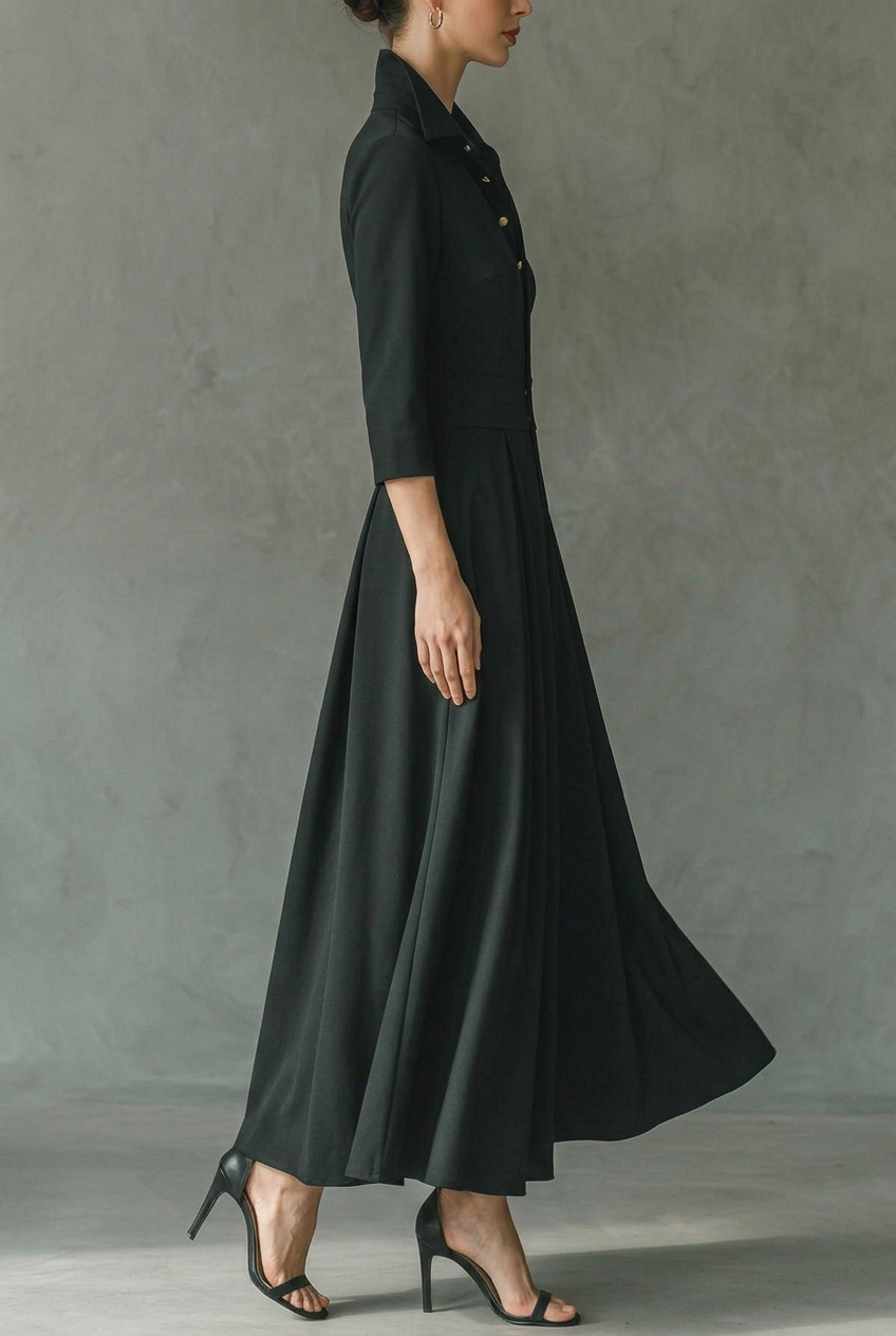 Aveline | Elegant Buttoned Lapel Pleated Maxi Dress