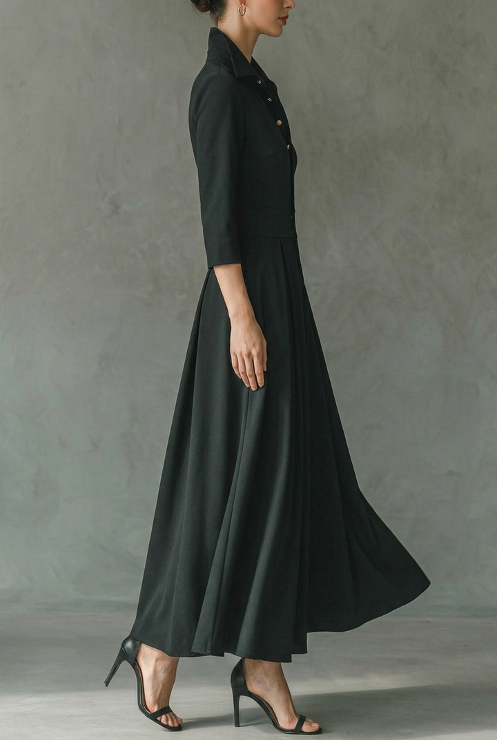 Aveline | Elegant Buttoned Lapel Pleated Maxi Dress