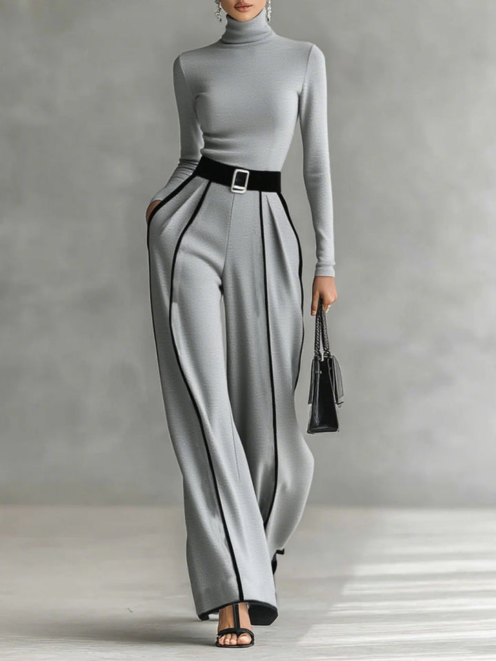 Linda | High-Neck Top &amp; Wide-Leg Trousers Set with Belt