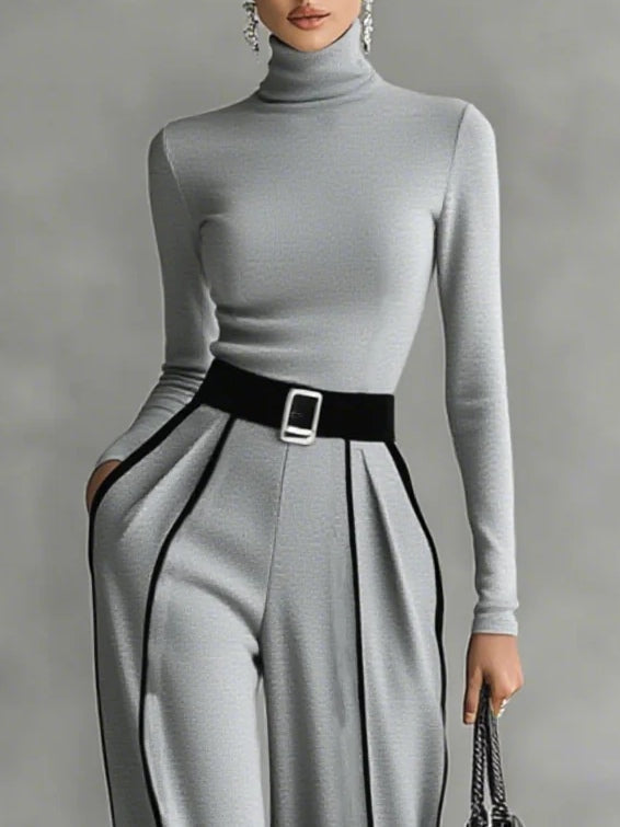 Linda | High-Neck Top &amp; Wide-Leg Trousers Set with Belt