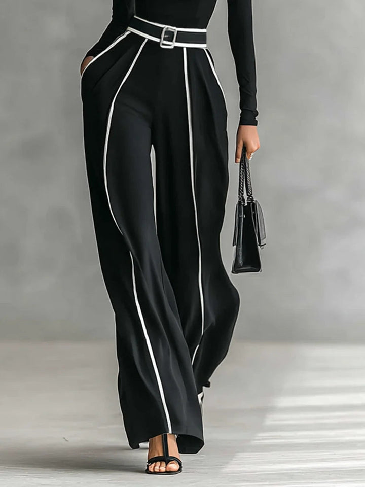 Linda | High-Neck Top &amp; Wide-Leg Trousers Set with Belt