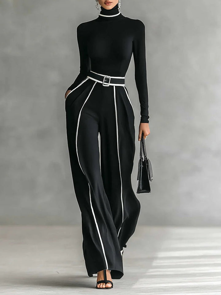 Linda | High-Neck Top &amp; Wide-Leg Trousers Set with Belt