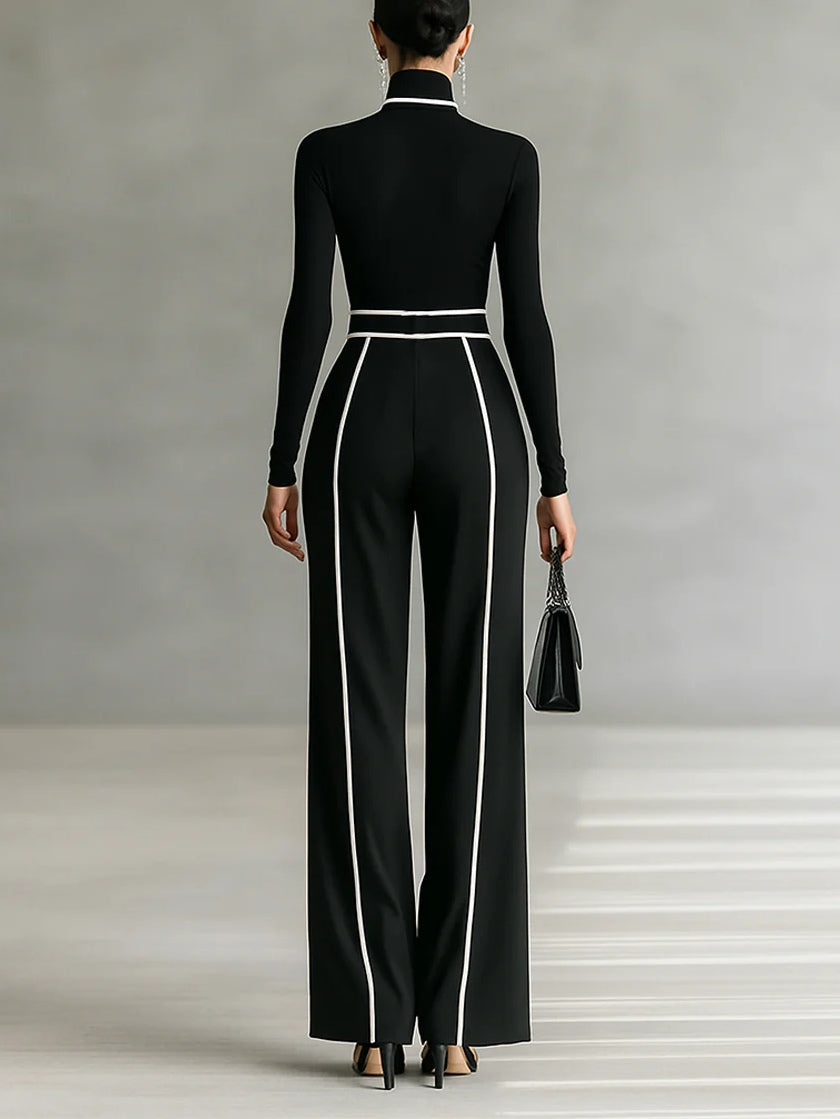 Linda | High-Neck Top &amp; Wide-Leg Trousers Set with Belt