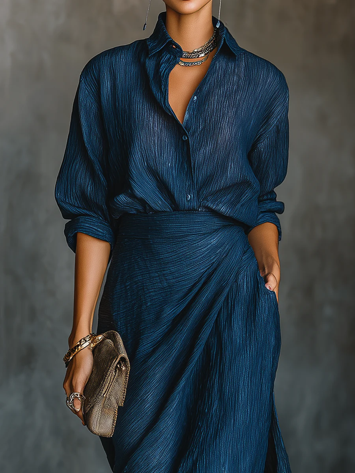 Hailey | Elegant Dark Blue Shirt &amp; Long Skirt Set
