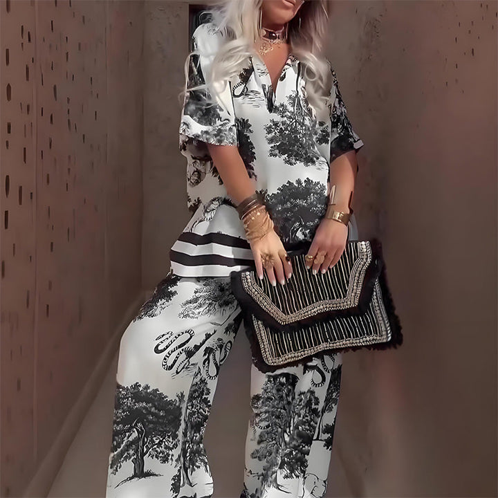 Amber | Printed V-Neck Top &amp; Long Trousers Set