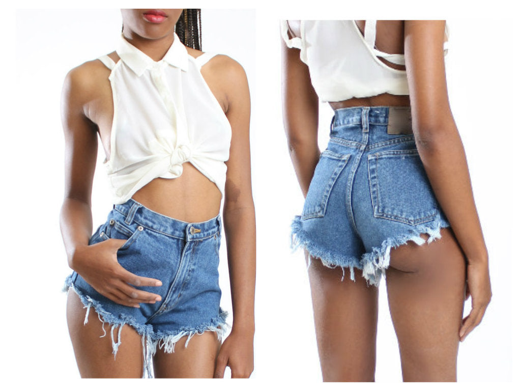 High waisted cheeky denim shorts on sale